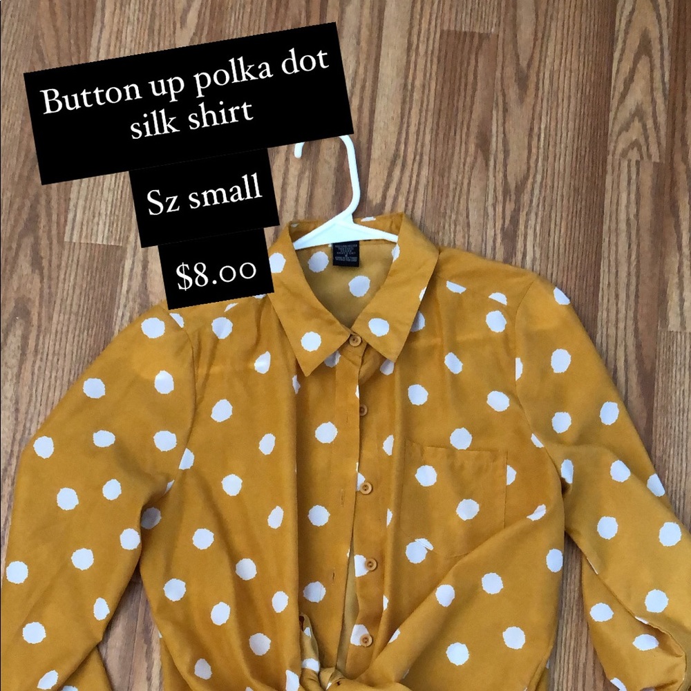 Mustard yellow & white polka dot button up shirt